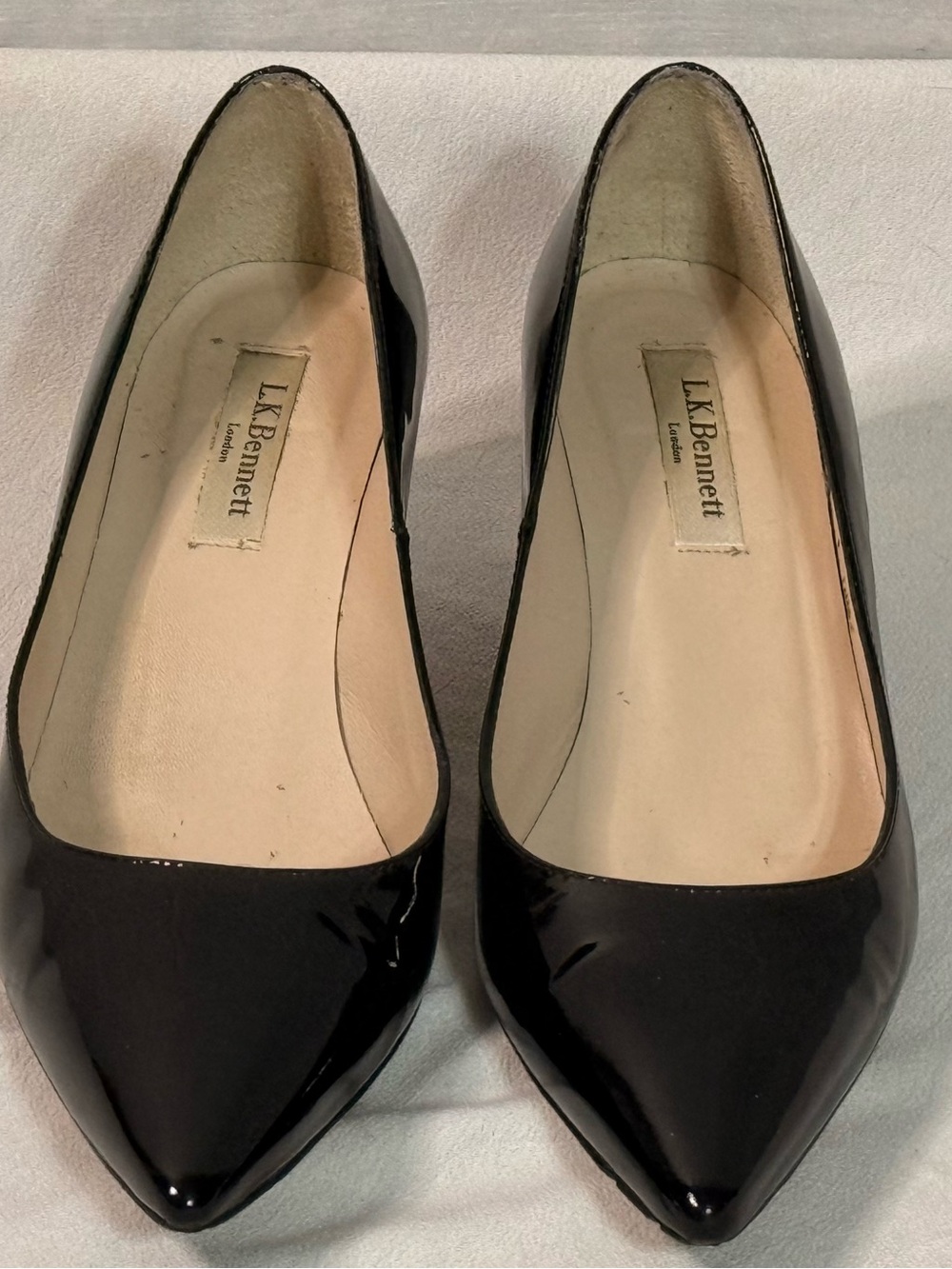 L.K. Bennett Black Patent Leather Pointed Toe Kitten Heel Pumps EU 38